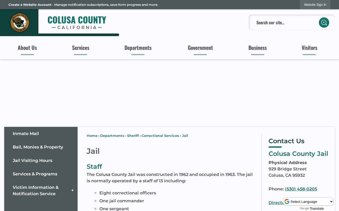 Official Colusa County Jail information page without a public roster search