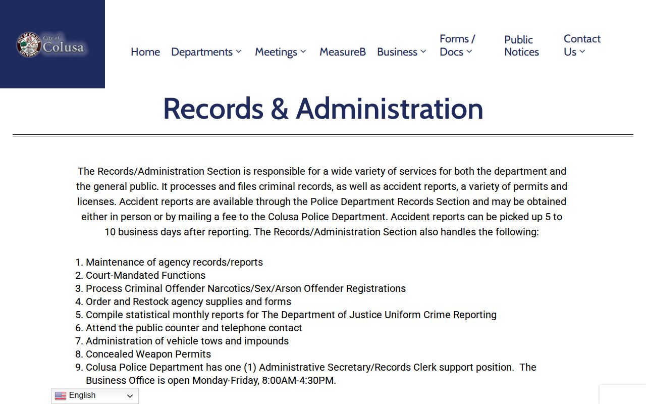 Colusa Police records and administration page