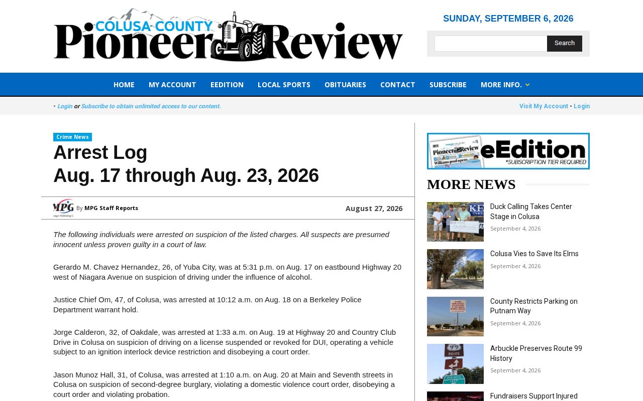 Pioneer Review Colusa County text arrest log with innocence notice