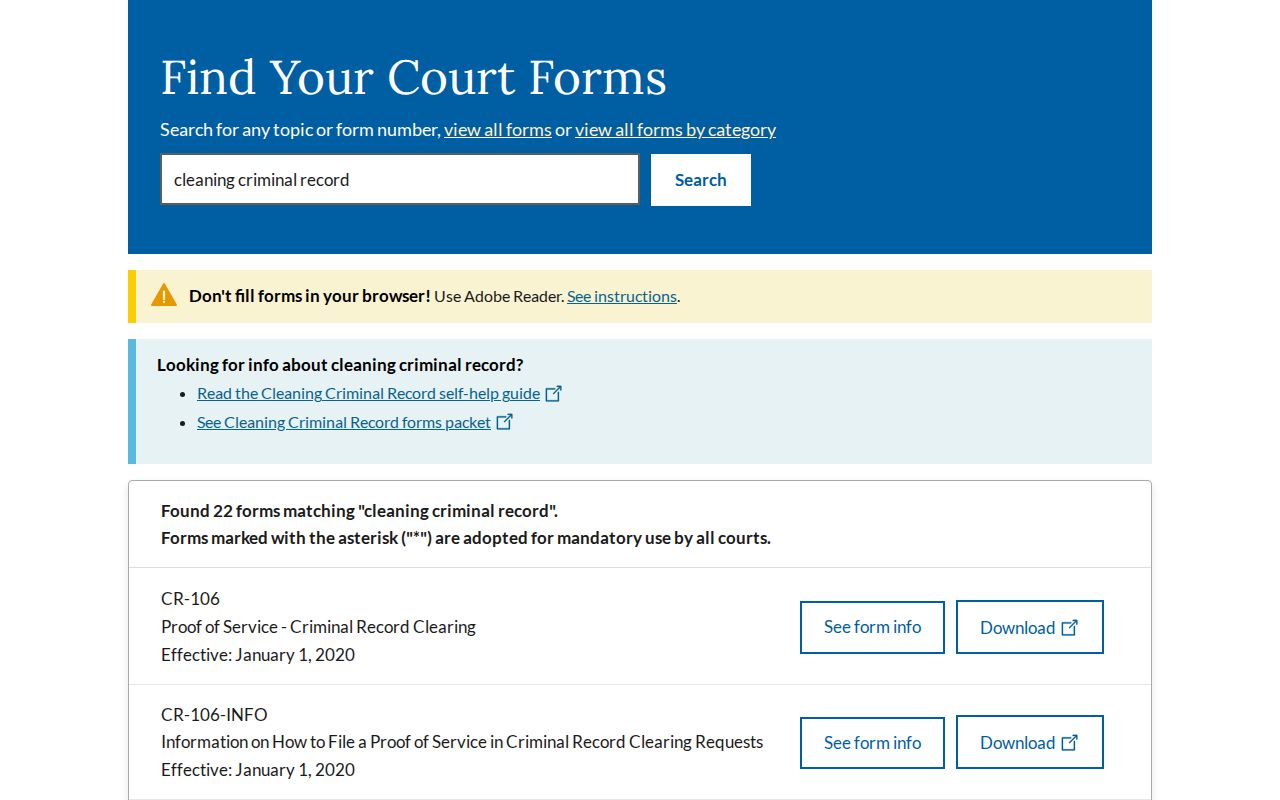 California Courts criminal record cleaning forms search page