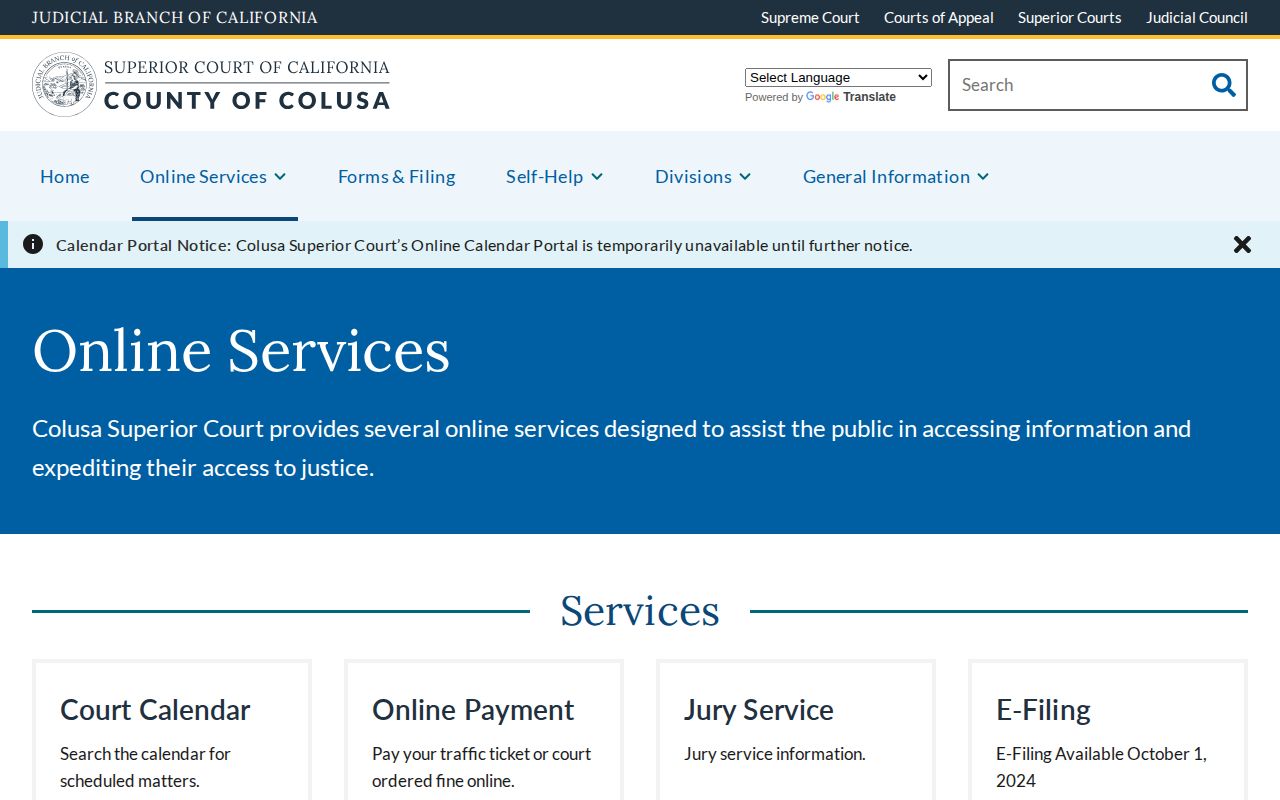 Colusa Superior Court online services page with calendar availability notice