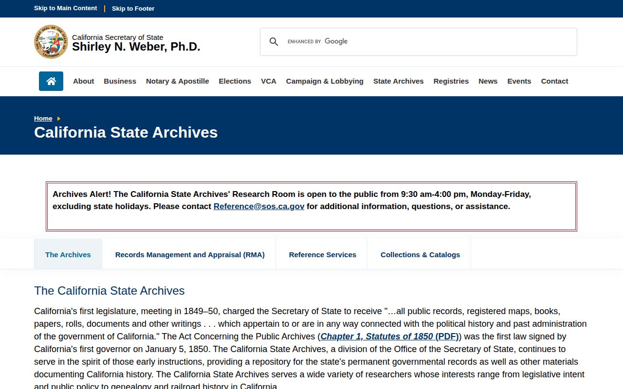 California State Archives research and catalog page
